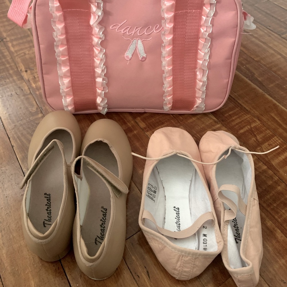 Size 2 ballet shoes, tap shoes, dance bag.